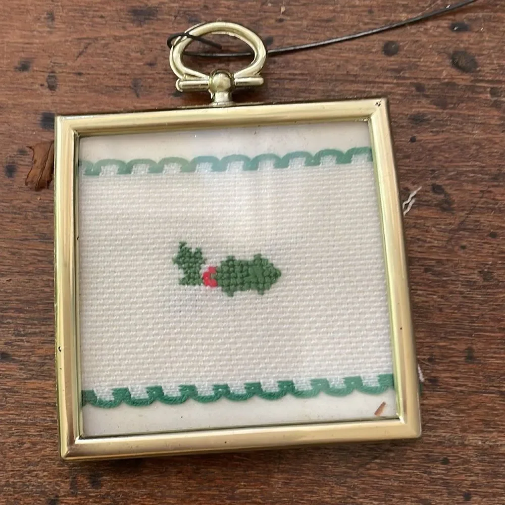 Vtg collection of‎ 6 handmade/homemade cross-stitch square gold frame ornaments
